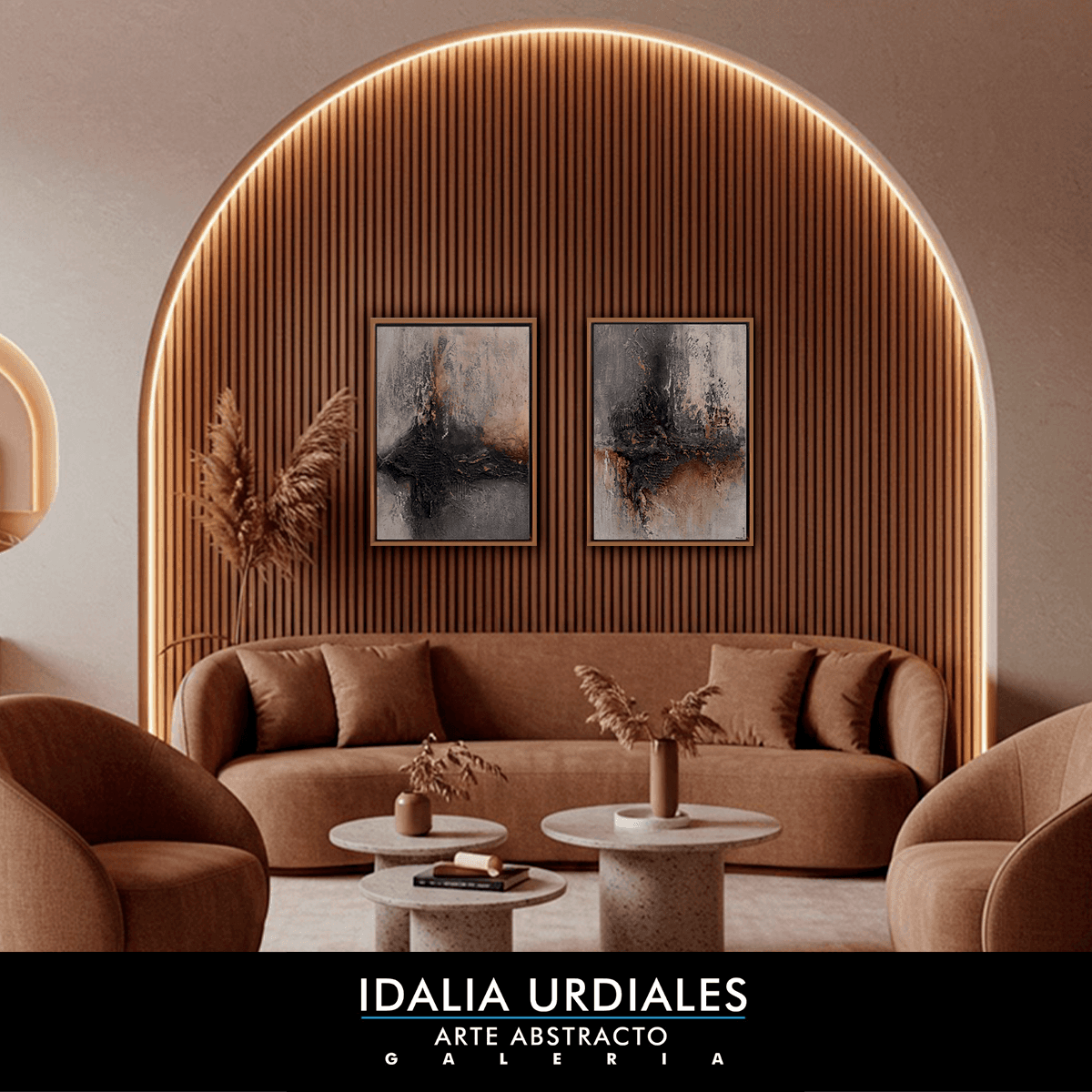 Díptico en grises y cobre sobre panel de madera iluminado
