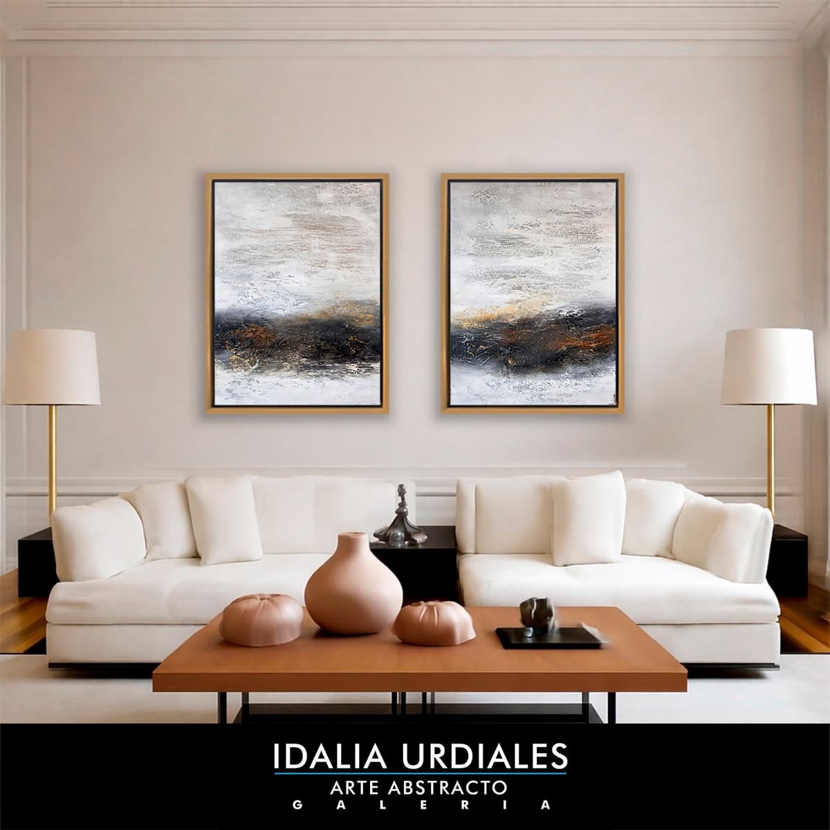 Obra abstracta enmarcada en un interior contemporáneo