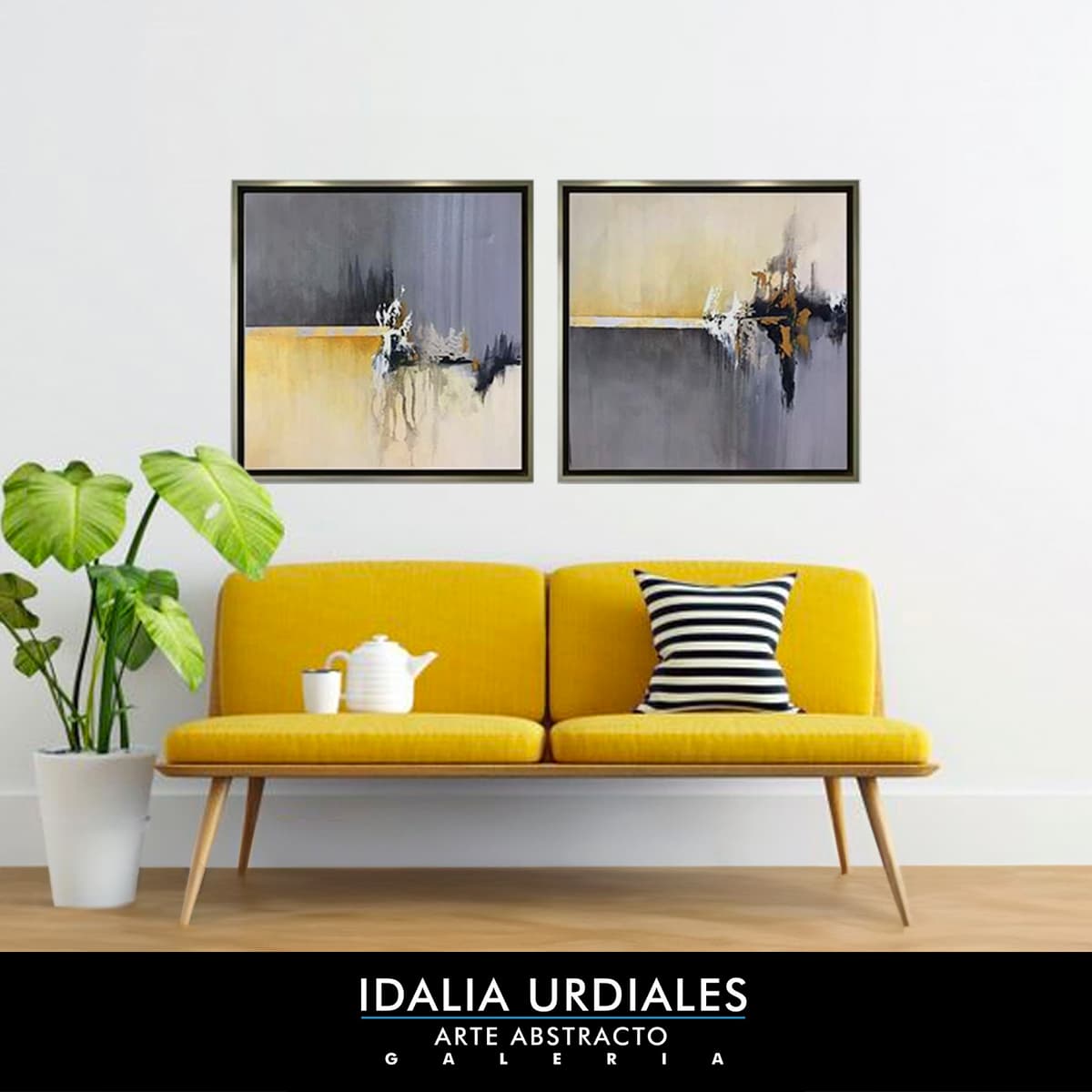 Obra abstracta enmarcada en un interior contemporáneo